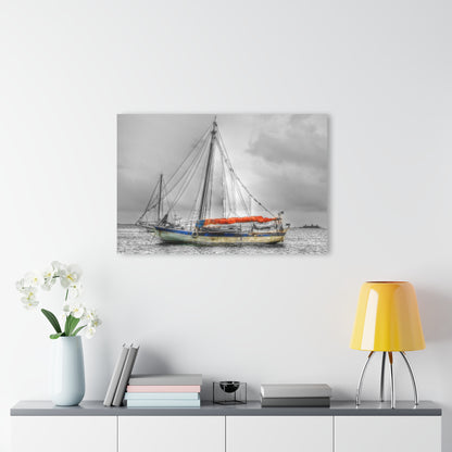 Ghost Ship - Acrylic Print — Black & White Nautical Wall Art with Orange Accent (French Cleat Hanging)