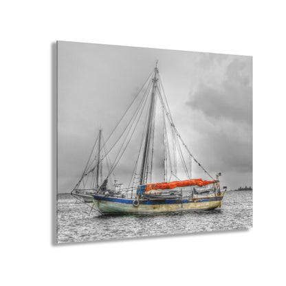Ghost Ship - Acrylic Print — Black & White Nautical Wall Art with Orange Accent (French Cleat Hanging)