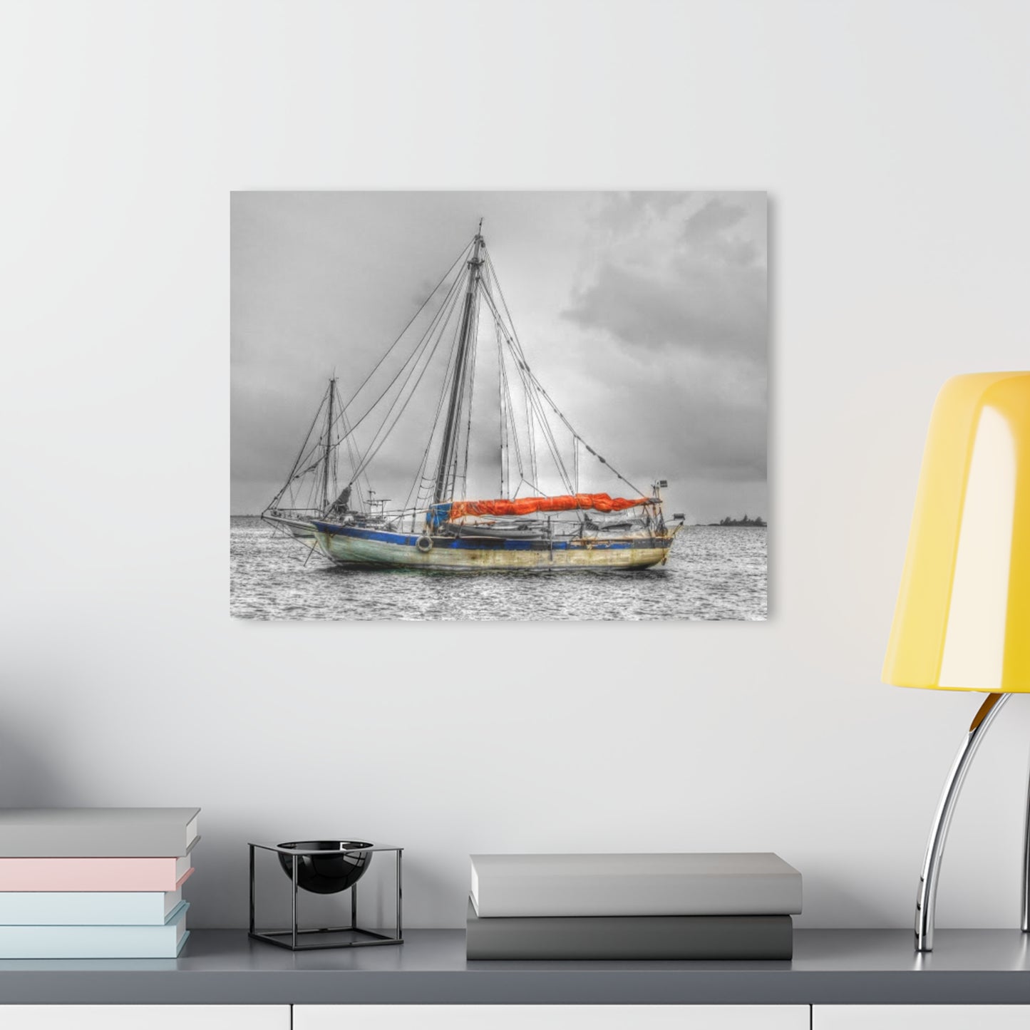 Ghost Ship - Acrylic Print — Black & White Nautical Wall Art with Orange Accent (French Cleat Hanging)
