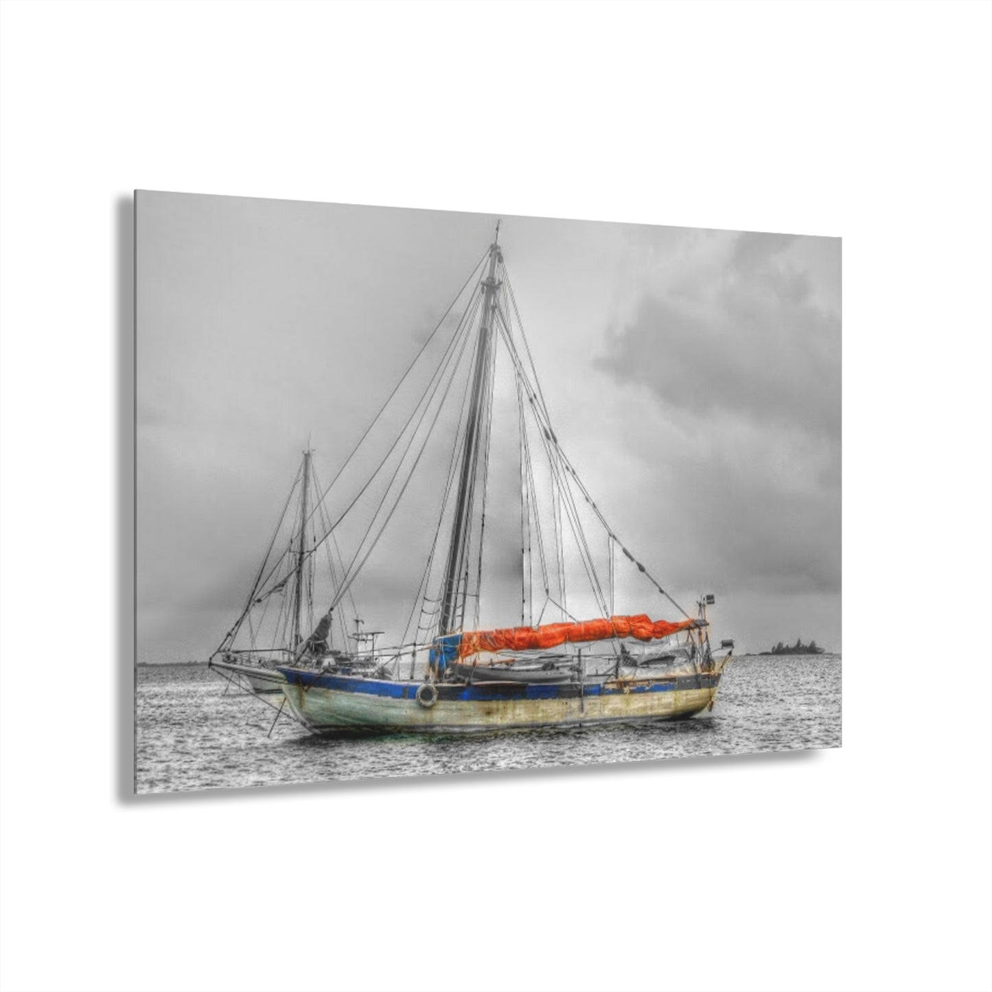 Ghost Ship - Acrylic Print — Black & White Nautical Wall Art with Orange Accent (French Cleat Hanging)