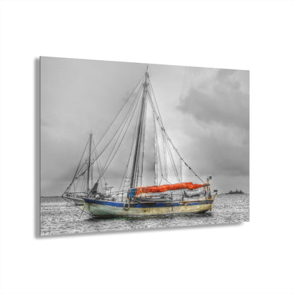Ghost Ship - Acrylic Print — Black & White Nautical Wall Art with Orange Accent (French Cleat Hanging)