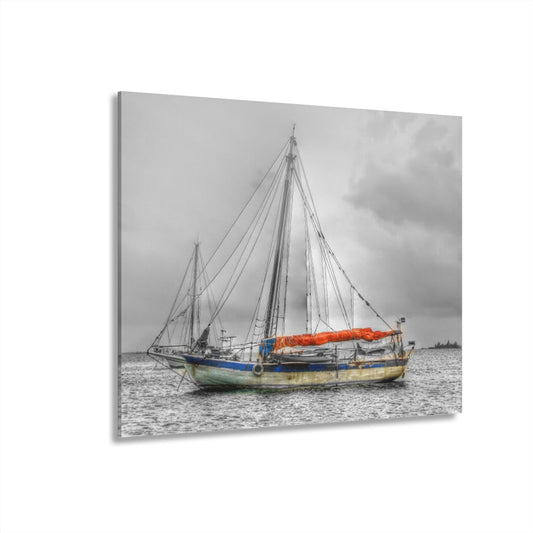 Ghost Ship - Acrylic Print — Black & White Nautical Wall Art with Orange Accent (French Cleat Hanging)